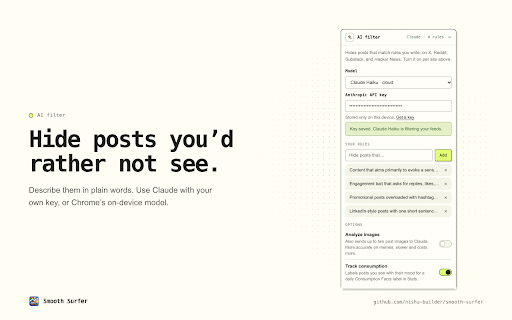 Smooth Surfer :: Filter distracting feeds, add loading delays to habitual sites, and share pinned tabs across Chrome windows.