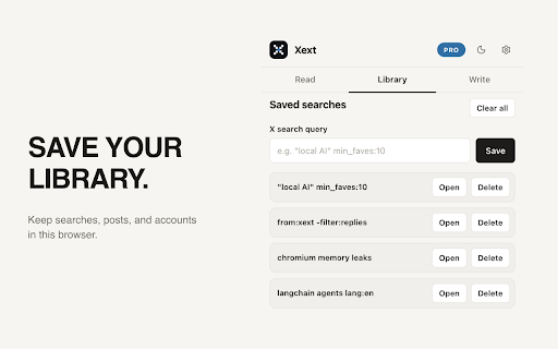 Xext :: Free local tools to read, save, and write on X, with Pro saved post and account tools plus on-device AI.