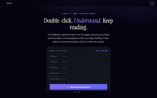 Define — Double-Click Dictionary & Vocab Builder :: Double-click any word for an instant definition, IPA and example. Save words and study them. 100% private.