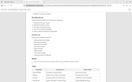 MS Copilot → Pretty Exporter :: Clears Copilot chats of unnecessary elements and exports them to HTML, Markdown, and PDF.