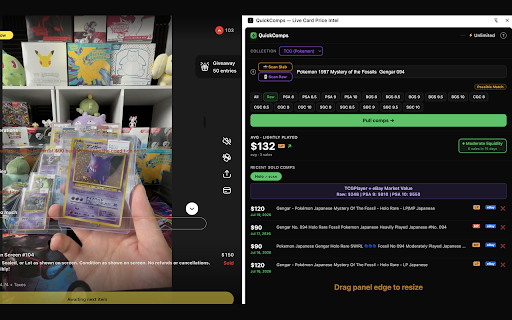 QuickComps — Live Card Price Intel :: AI-powered card scanning surfacing real-time sold comps for Pokémon on Whatnot auctions.