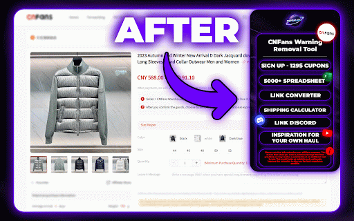 CNfans Warm Reminder Remover by RepGalaxy :: Plugin To Remove Warm Risk Reminder Popup + Yupoo Quick Buy On All Agents. CloneSoles Extension
