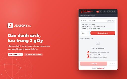 J2Proxy.vn - Proxy Switcher & Manager :: Đổi proxy 1 chạm: quản lý danh sách proxy HTTP & SOCKS5 có user/pass, bật tắt nhanh. Proxy switcher cho Chrome.
