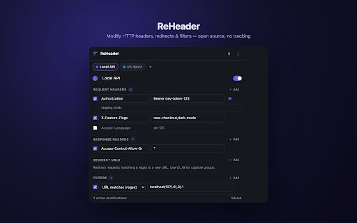 ReHeader — Modify HTTP Headers :: Modify request & response headers, redirect URLs, with profiles, filters and import/export. Open source, no tracking, ever.