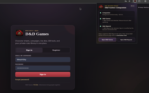 D&D Games D&D Beyond Companion :: Connects D&D Games to D&D Beyond through the browser profile where you are already signed in.