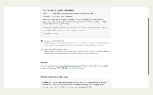 Duckout: Hide Tabs for Screen Sharing – Decoy Page & Panic Button :: One click hides your tabs or swaps in a decoy page. Stay private during screen shares and shoulder-surfing.