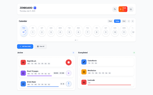 ZenBoard – Modern Habit Tracker :: A modern habit tracker dashboard to build routines, track goals, and stay focused—all from your browser.