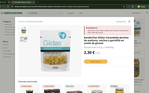 Mercabien :: Semáforo de origen en la tienda online de Mercadona: Marruecos, origen dudoso o España. No afiliado a Mercadona.