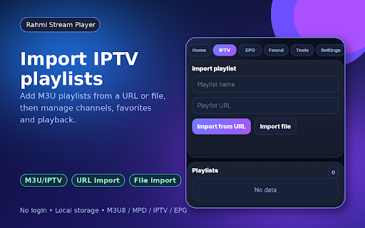 Rahmi Web Stream Player - M3U8 IPTV MPD EPG :: Play M3U8, MPD, IPTV playlists and EPG streams in your browser.
