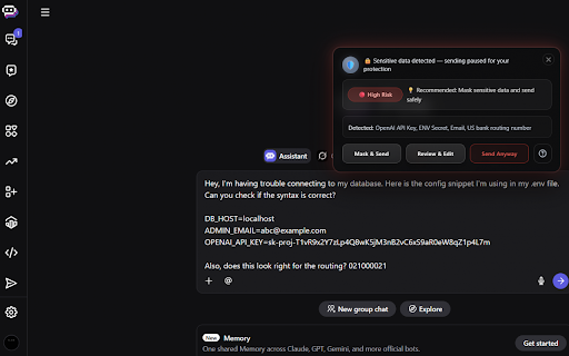 Sentraiq: Secure Data Guardrail for AI :: Privacy-first DLP for AI tools and Gmail. Detect sensitive text and TXT, DOCX, PDF uploads locally before sharing.