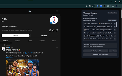 Threads Scraper: Export Threads, Comments, Users & more :: Scrape Threads, Users, Followers, and more from Threads, with options to export in formats such as CSV, Excel, JSON and others