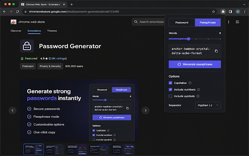 Password Generator :: Password Generator is a fast, privacy-focused Chrome extension for creating strong passwords and memorable passphrases. Everything…
