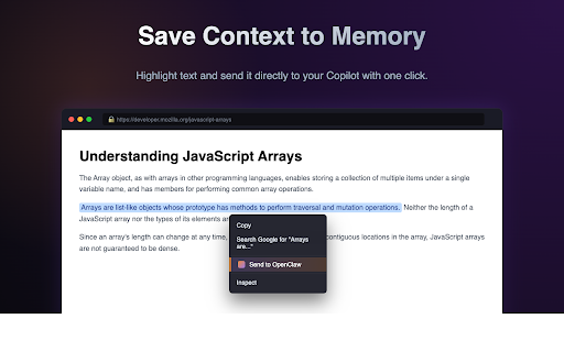 OpenClaw Copilot :: Chat with OpenClaw from Chrome and instantly save web pages, selections, images, and links to Copilot memory.