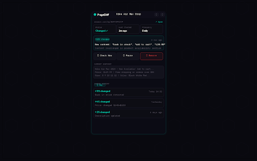 PageDiff — Website Change Tracker :: Monitor any webpage for changes. Get notified the moment a price drops, a job listing updates, or content changes.