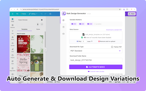 Bulk Design Generator for Canva :: Automate Canva design variations in bulk with variables, generate batches, and download generated designs faster for workflows.