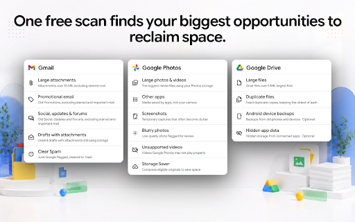 Storage Cleaner for Gmail, Drive & Google Photos: Up to 60 GB Free :: Free up space: delete junk or move items to another account and share them back. Use up to 4 accounts for up to 60 GB combined.