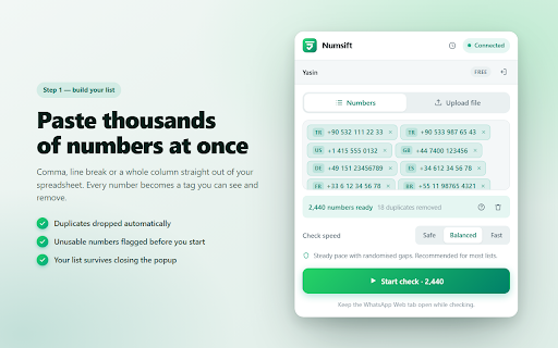 Numsift — Bulk WhatsApp Number Checker & Validator | Export to Excel :: Bulk check which numbers are on WhatsApp. Validate lists, filter by country, spot business accounts, export to Excel or CSV.