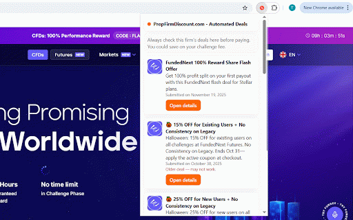 PropFirmDiscount – Auto Prop Firm Coupons & Deals :: Check a prop-firm site for verified discounts before you pay. Get active deals instantly and cut your challenge costs.