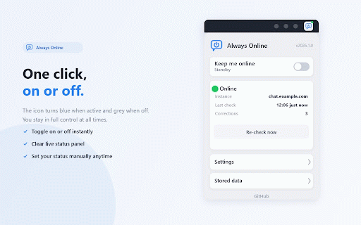 Always Online for Mattermost :: Keeps your Mattermost presence set to online, automatically, on every instance you use.