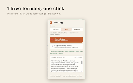 Clean Copy :: Copy web content cleanly — selection or whole page, as Plain text, Rich (keep formatting), or Markdown. Right-click & hotkey.