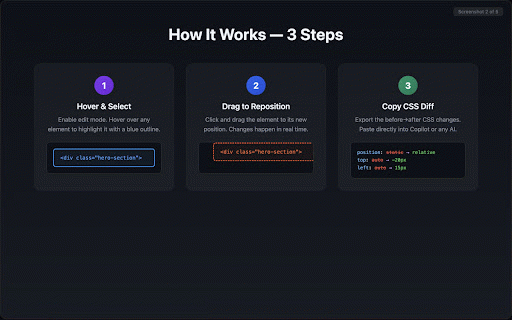DragCSS — Copy Visual CSS Changes for AI & Copilot :: Drag any webpage element, see CSS changes live, and copy the diff to paste into Copilot, ChatGPT, or any AI.