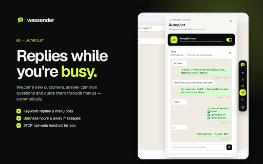 Wassender — Bulk Sender & Auto-Reply for WhatsApp :: Personalized WhatsApp Web campaigns from Excel, auto-replies, templates and delivery reports — in one quiet side panel.