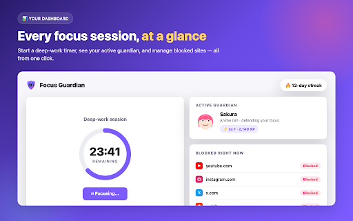 Focus Guardian — Anime Website Blocker & Focus Timer :: Block distracting sites with an anime guardian who keeps you on task. Focus timers, XP, and motivation that actually sticks.