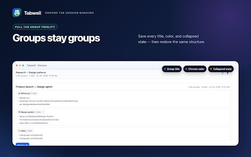 Tabwell — Tab Session Manager :: Save and restore Chrome tab sessions with group names, colors, and collapsed state preserved. Local-first; no account.