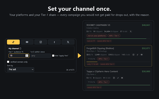 PotScout: Whop Content Rewards Clipping Campaign Filter :: Find the Whop clipping campaign that fits YOUR channel: country rules, platform rates, $/clipper and days left on every card.