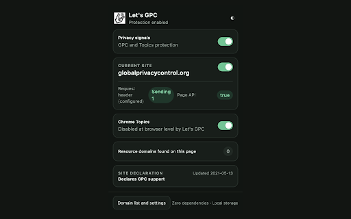 Let's GPC :: Sends Global Privacy Control with minimal overhead and explicit per-site exceptions.