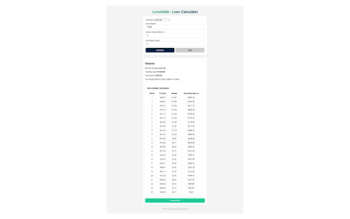 Lumavalle Loan Calculator :: LumaValle – Loan Calculator
Quickly calculate loan payments, total interest, and a full repayment schedule with this clean,…