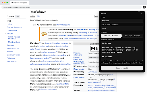 mrkdwn Web Clipper :: Clip a selection or a whole page as Markdown, straight into a folder on your own disk.