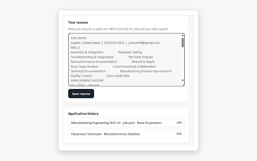 Resume Copilot - Job Match & Tailor :: Instantly score your resume match, then get AI-tailored bullets and a cover letter for any job listing.