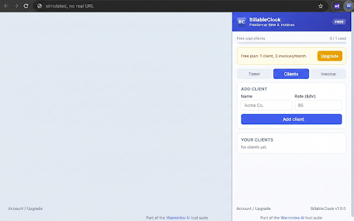 BillableClock — Freelancer Time & Invoice Tracker :: Track billable time per client from your toolbar, then generate a client invoice in seconds. No spreadsheets needed.