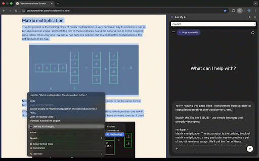 Ask My AI: Free Sidebar for ChatGPT, Claude, Perplexity :: Your AI assistant, always one click away. Highlight text on any page to explain with ChatGPT, Claude, DeepSeek, Perplexity, & more.