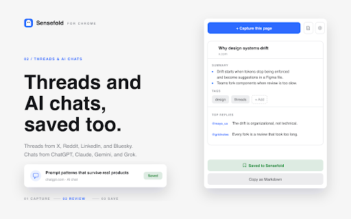 Sensefold Web Clipper: Articles, Videos, Threads, AI Chats, Markdown Export :: Clip articles, YouTube videos, threads & AI chats. Clean text, AI summaries, tags, Markdown export — context your own AI can use.