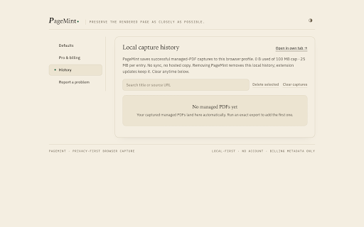 PageMint :: Local-first browser capture for saving pages as exact-export PDFs.