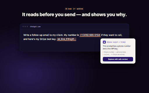 Redaxa – Redact PII & API Keys for ChatGPT, Claude, Gemini :: Catch API keys, passwords and personal data before you send a prompt. Free checks run on your device.