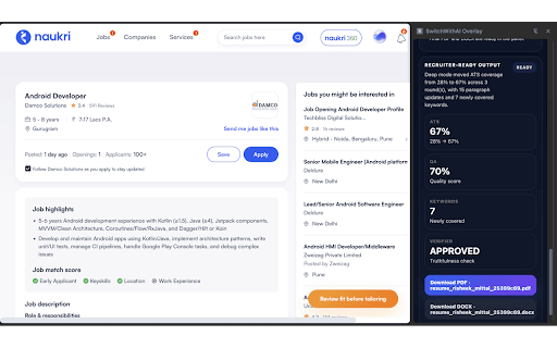 SwitchWithAI Overlay :: Capture LinkedIn and Naukri jobs and open the SwitchWithAI studio in a Chrome side panel.