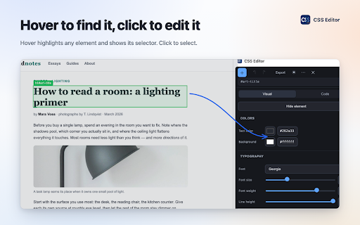 CSS Editor :: Edit any website's design in real time. Visual css editor with live preview: change colors, fonts, spacing, export clean styles.
