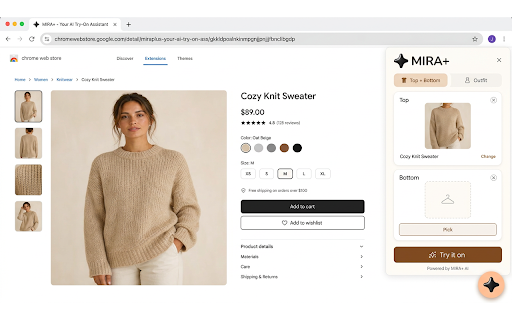 MIRA+ Try-On :: Try on any garment from any clothing site. Click a product photo and see it on your photoreal avatar in seconds.