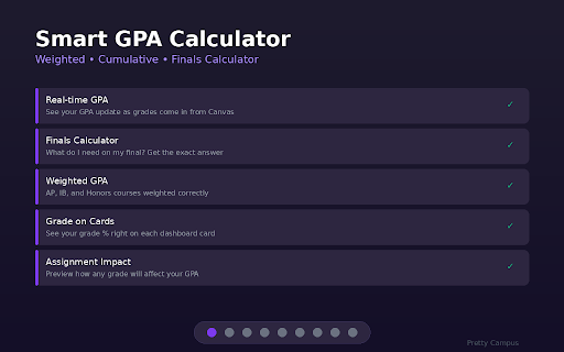 Pretty Campus - Canvas Dark Mode & GPA :: Dark mode, GPA calculator, auto-save, Pomodoro timer, smart notifications & 40+ themes for Canvas LMS.
