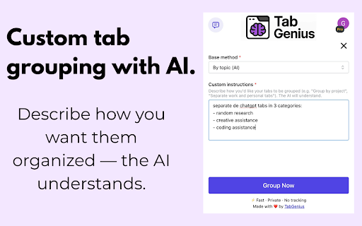 TabGenius – Non-Intrusive Tab Management :: Declutter your browser tabs with AI-powered grouping, filtering & bulk closing.