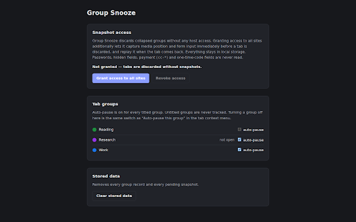 Group Snooze :: Discards every tab in a tab group when you collapse it, then restores media position and form input when the tabs come back.