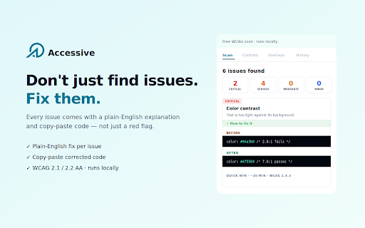 Accessive — Free WCAG Scanner :: One-click accessibility scan of the current page. Local, free, no signup. Upgrade to a full WCAG 2.2 audit on accessive.app.