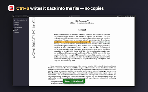 pdfNerd :: Free PDF viewer with highlight, underline, text and pen annotation. Ctrl+S saves your changes back into the file itself.