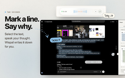 Wispal: Highlight & Annotate ChatGPT, Claude & Gemini Chats :: Highlight what matters in ChatGPT, Claude, Gemini. Annotate by voice or text, organize across chats, jump back to original context.