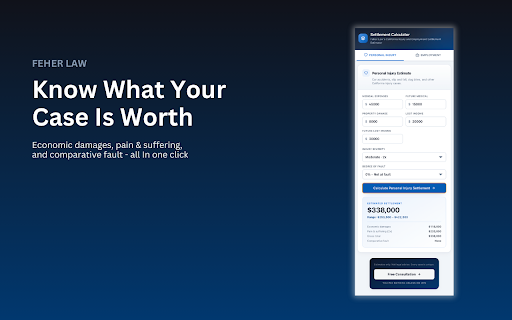 Feher Law Settlement Calculator :: Free California settlement calculator for personal injury and employment cases. Estimate case value in seconds.
