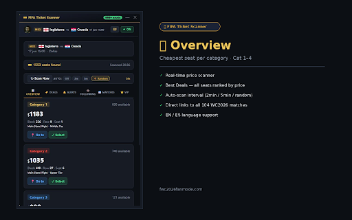 FIFA Ticket Scanner Resale & Shop — Free Edition :: Free scanner for FIFA World Cup 2026 resale and shop tickets. Finds the cheapest seat in each category in one click.