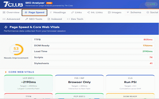 7thClub SEO Analyzer Pro :: On-page SEO analyzer: meta, headings, links, images, Core Web Vitals, schema, SERP preview, AEO/GEO scoring & audit reports.